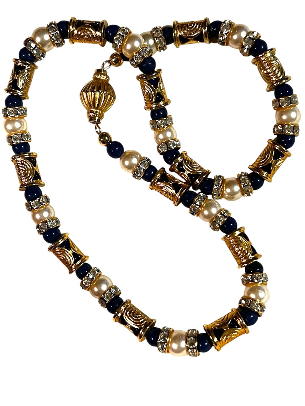 Vintage Gold Tone Navy Blue and Pearl Beaded Statement Necklace